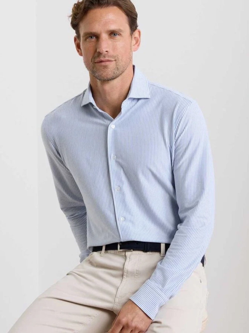 NWT Peter Millar Crown Crafted Excursionist Flex Stripe Blue Stripe Shirt $275